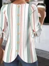 Women Striped Half Sleeve Blouse Summer Crew Neck Balloon Sleeve Daily Casual Top