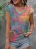 Women Abstract Short Sleeve Tee T-shirt V Neck Printing Casual Summer Graphic Tee Top