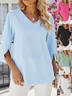 Women Plain Half Sleeve Shirt Summer Split Joint V Neck Daily Casual Top