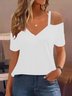 Women Plain Short Sleeve Tee T-shirt V Neck Split Joint Casual Summer Top
