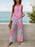 Women Floral Printing Two-Piece Set Daily Sleeveless Casual Summer Top With Pants Matching Set