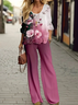 Women Floral Printing Two-Piece Set Daily Long Sleeve Casual Spring/Fall Top With Pants Matching Set