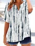 Women Abstract Stripes Short Sleeve Shirt Summer Printing V Neck Daily Casual Top