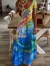 Women Abstract Short Sleeve Summer Printing Dress V Neck Daily Casual Maxi X-Line Dress