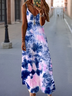 Women Abstract Sleeveless Summer Printing Dress V Neck Daily Casual Maxi Slip Dress X-Line Dress