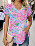 Women Floral Short Sleeve Tee T-shirt V Neck Printing Casual Summer Graphic Tee Top