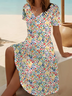 Women Floral Short Sleeve Summer Printing Dress V Neck Daily Casual Midi Fit & Flare Dress A-Line Dress