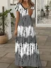 Women Abstract Stripes Short Sleeve Summer Printing Dress V Neck Daily Casual Maxi X-Line Dress