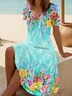 Women Floral Short Sleeve Summer Printing Dress V Neck Daily Casual Midi Fit & Flare Dress A-Line Dress