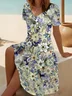 Women Floral Short Sleeve Summer Printing Dress V Neck Daily Casual Midi Fit & Flare Dress A-Line Dress