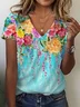 Women Floral Short Sleeve Tee T-shirt V Neck Printing Casual Summer Graphic Tee Top