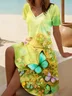 Women Floral Short Sleeve Summer Printing Dress V Neck Daily Casual Midi Fit & Flare Dress A-Line Dress