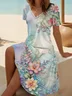 Women Floral Short Sleeve Summer Printing Dress V Neck Daily Casual Midi Fit & Flare Dress A-Line Dress