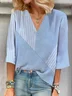 Women Striped Three Quarter Sleeve Blouse Spring/Fall Printing V Neck Daily Casual Top