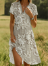Women Floral Short Sleeve Summer Printing Dress Shawl Collar Daily Casual Knee Length A-Line Dress