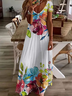 Women Floral Short Sleeve Summer Printing Dress V Neck Daily Casual Maxi X-Line Dress