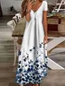 Women Floral Short Sleeve Summer Printing Dress V Neck Daily Casual Maxi X-Line Dress