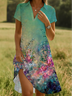 Women Floral Short Sleeve Summer Printing Dress Shawl Collar Daily Casual Knee Length A-Line Dress