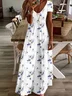 Women Floral Short Sleeve Summer Printing Dress V Neck Daily Casual Maxi X-Line Dress