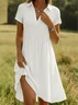 Women Plain Short Sleeve Summer Dress Shawl Collar Daily Casual Knee Length A-Line Dress