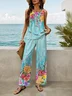 Women Floral Printing Two-Piece Set Daily Sleeveless Casual Summer Top With Pants Matching Set