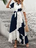 Women Geometric Short Sleeve Summer Printing Dress V Neck Puff Sleeve Daily Casual Maxi Shirt Dress A-Line Dress