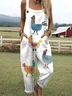 Women Animal Square Neck Gallus Casual Summer Cotton And Linen Jumpsuit