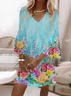 Women Floral Half Sleeve Summer Printing Dress V Neck Daily Casual Maxi H-Line Dress
