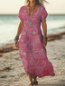 Women Floral Short Sleeve Summer Printing Dress V Neck Daily Casual Maxi X-Line Dress