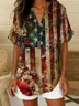 Women Floral Short Sleeve Shirt Summer Printing V Neck Daily Casual Top