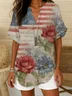 Women Floral Short Sleeve Shirt Summer Printing V Neck Daily Casual Top