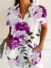 Women Floral Short Sleeve Shirt Summer Printing Shirt Collar Daily Casual Top