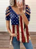 Women Independence Day (Flag) Short Sleeve Tee T-shirt V Neck Printing Vintage Summer Tunic Top