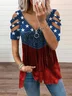 Women Independence Day (Flag) Short Sleeve Tee T-shirt V Neck Printing Vintage Summer Tunic Top