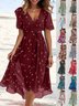 Women Floral Short Sleeve Summer Printing Dress V Neck Daily Vintage Maxi Ruffle Skirt A-Line Dress
