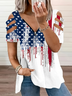Women Independence Day (Flag) Short Sleeve Tee T-shirt V Neck Printing Vintage Summer Tunic Top