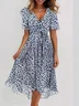 Women Floral Short Sleeve Summer Printing Dress V Neck Daily Vintage Maxi Ruffle Skirt A-Line Dress
