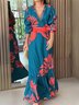 Women Floral Long Sleeve Spring/Fall Printing Dress V Neck Daily Vintage Maxi Ruffle Skirt A-Line Dress