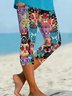 Women Cat Capris Elastic Waist Pants Casual Summer Trousers