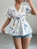 Women Plain Short Sleeve Tee T-shirt V Neck Embroidery Casual Summer Tunic Top