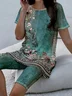 Women Floral Printing Two-Piece Set Daily Short Sleeve Casual Summer Top With Pants Matching Set