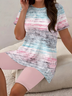 Women Abstract Stripes Printing Two-Piece Set Daily Short Sleeve Casual Summer Top With Pants Matching Set