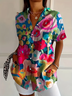 Women Floral Short Sleeve Shirt Summer Printing Shirt Collar Daily Casual Top