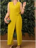 Women Plain V Neck Half Sleeve Casual Summer Cotton Jumpsuit