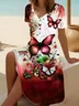Women Floral Short Sleeve Summer Printing Dress V Neck Daily Casual Midi Fit & Flare Dress A-Line Dress