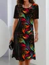 Women Abstract Short Sleeve Summer Printing Dress Crew Neck Daily Vintage Midi Tunic H-Line Dress