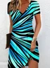 Women Abstract Short Sleeve Summer Dress V Neck Daily Casual Midi Fit & Flare Dress A-Line Dress
