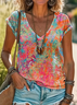 Women Abstract Short Sleeve Tee T-shirt V Neck Printing Casual Summer Graphic Tee Top