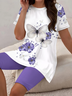 Women Floral Printing Two-Piece Set Daily Short Sleeve Casual Summer Top With Pants Matching Set