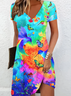 Women Floral Short Sleeve Summer Dress V Neck Daily Casual Midi Fit & Flare Dress A-Line Dress